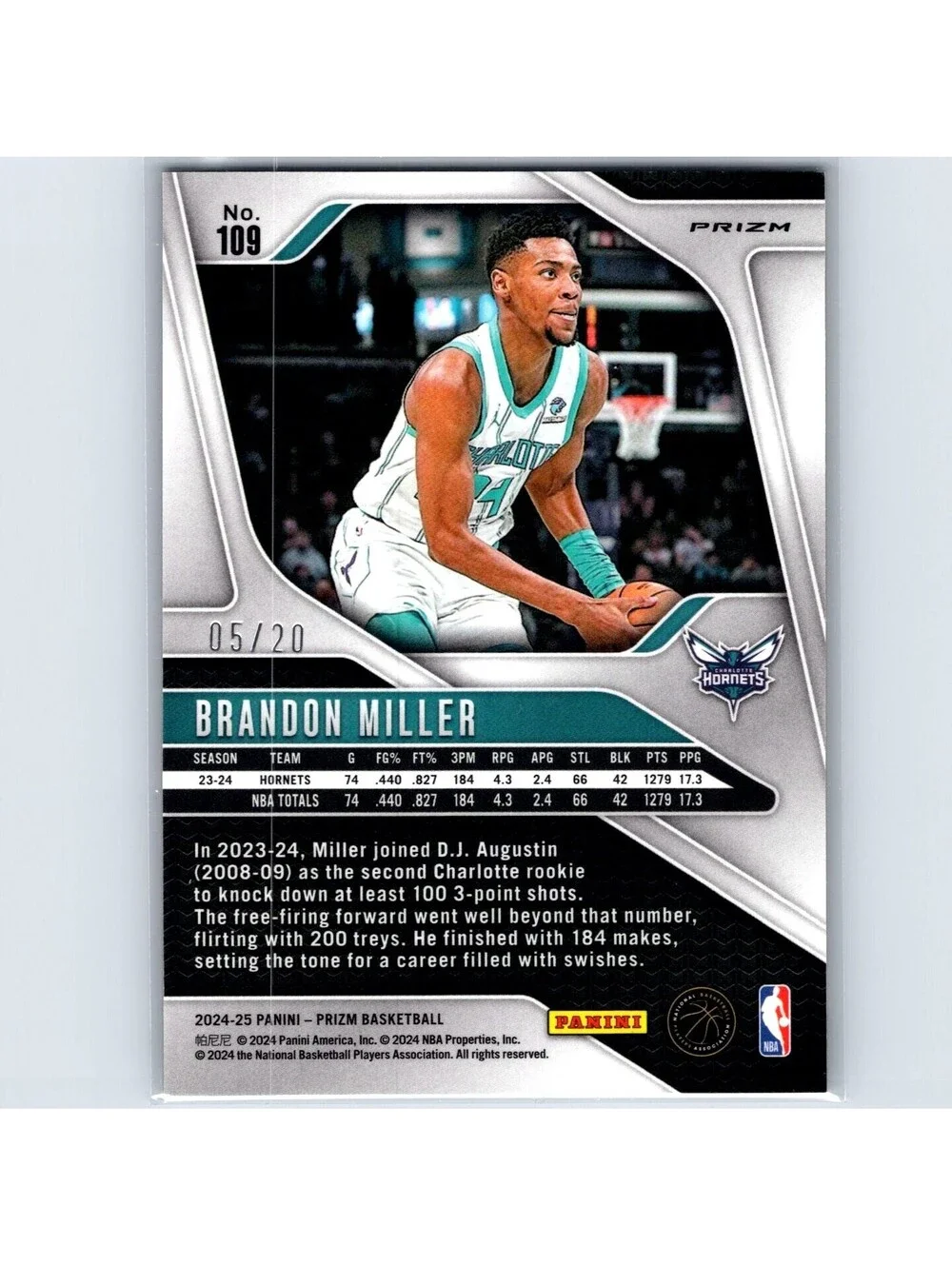 2024-25 Panini Prizm Brandon Miller #109 Fast Break Bronze #/20 Hornets